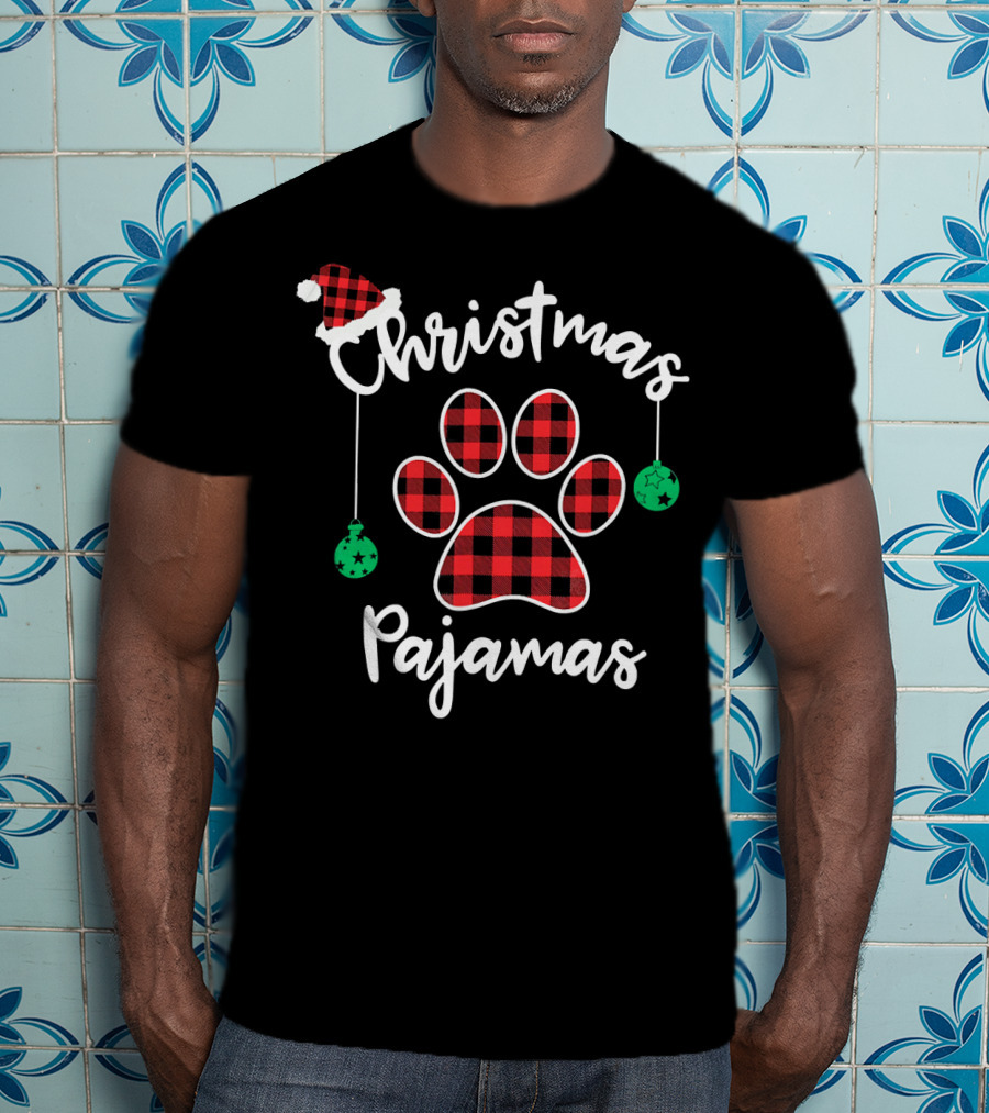Christmas Pajamas Buffalo Plaid Santa Hat Paw Prints T-Shirt