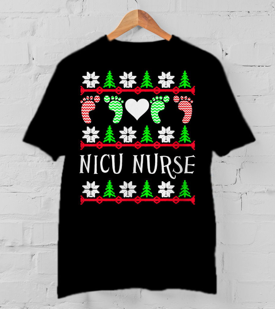 NICU Nurse Christmas Baby Feet Heart Trees T-Shirt