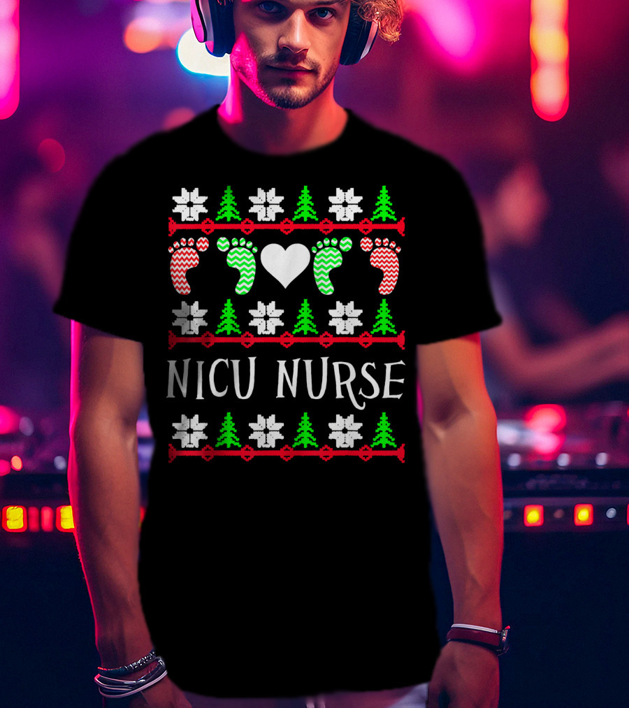 NICU Nurse Christmas Baby Feet Heart Trees T-Shirt