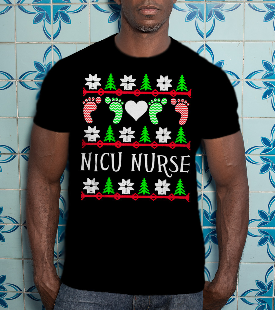 NICU Nurse Christmas Baby Feet Heart Trees T-Shirt