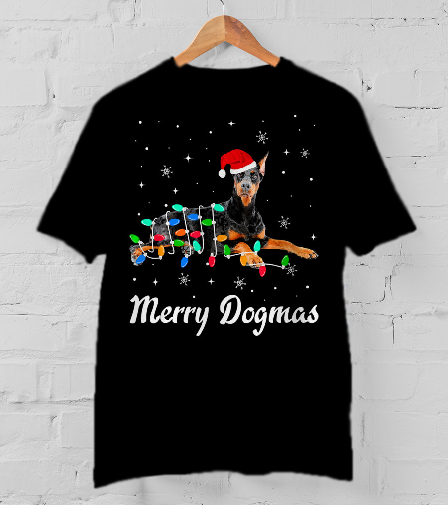 Merry Dogmas Christmas Doberman With Santa Hat And Festive Lights T-Shirt