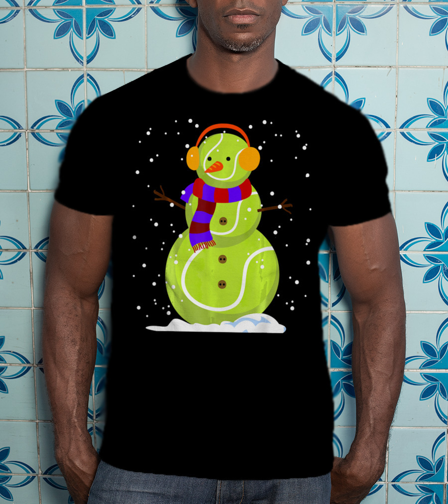 Dabbing Tennis Ball Snowman With Scarf And Earmuffs T-Shirt