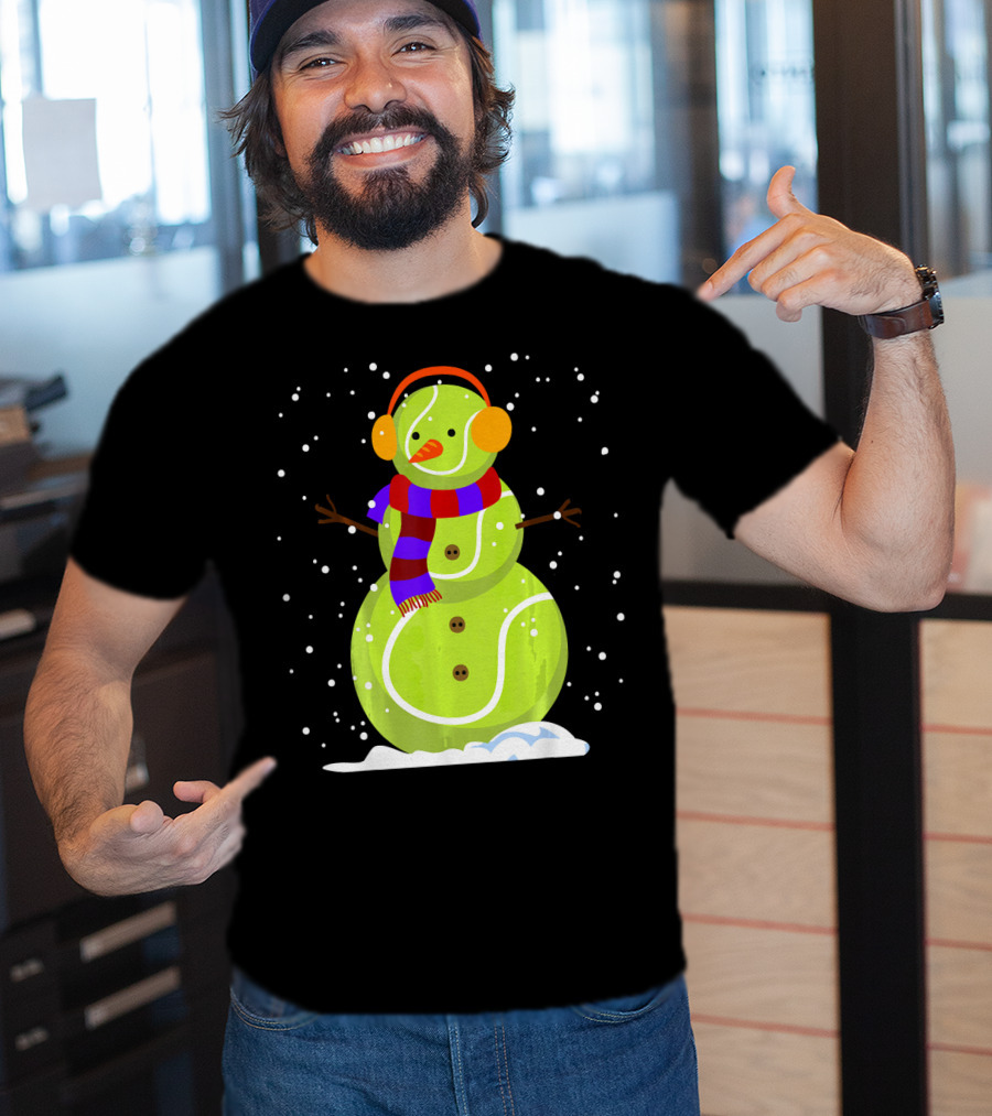 Dabbing Tennis Ball Snowman With Scarf And Earmuffs T-Shirt