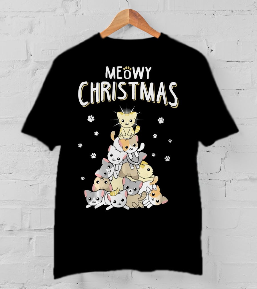 Meowy Christmas Cats Tree With Cute Paw Prints T-Shirt