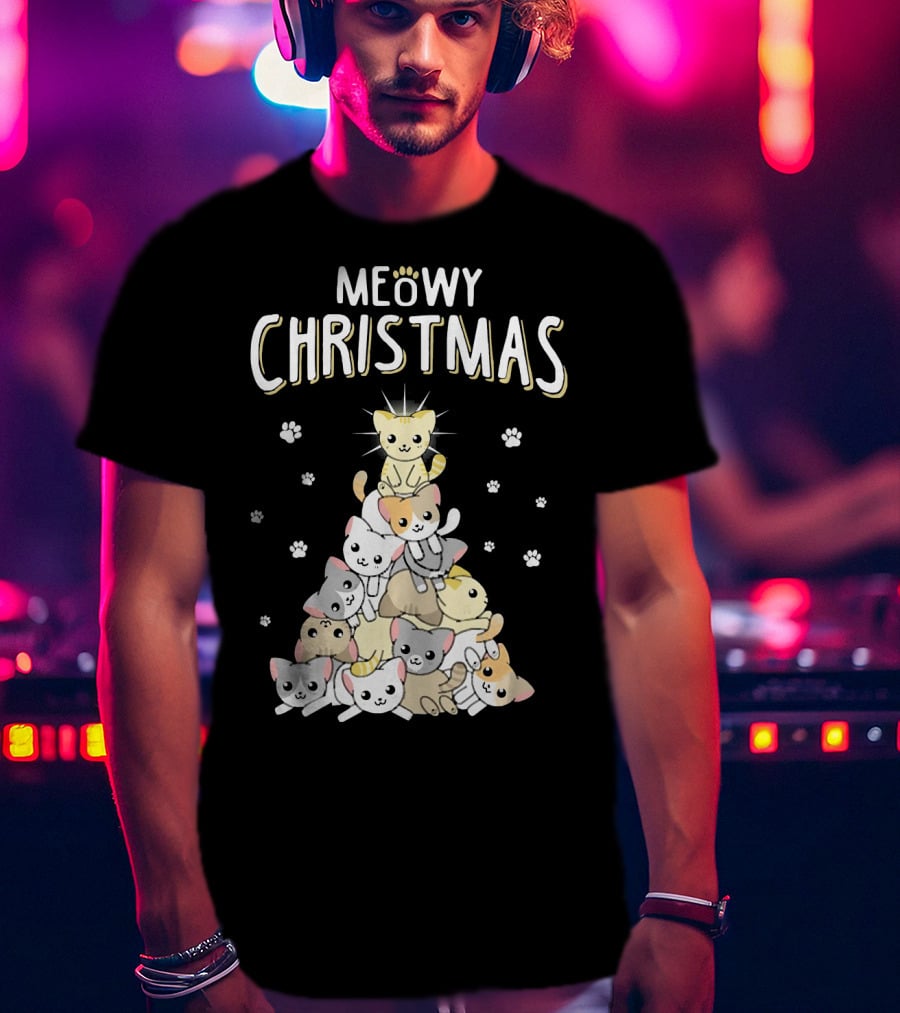 Meowy Christmas Cats Tree With Cute Paw Prints T-Shirt