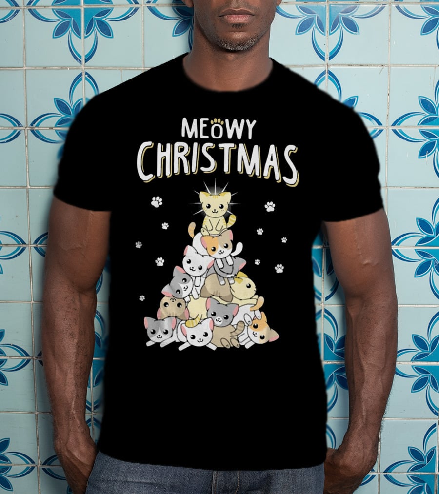 Meowy Christmas Cats Tree With Cute Paw Prints T-Shirt