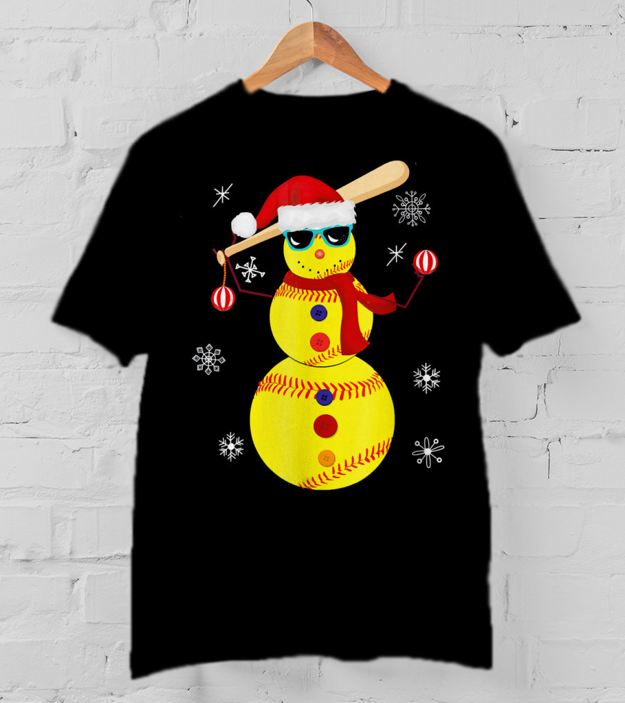 Christmas Softball Snowman With Bat And Santa Hat T-Shirt