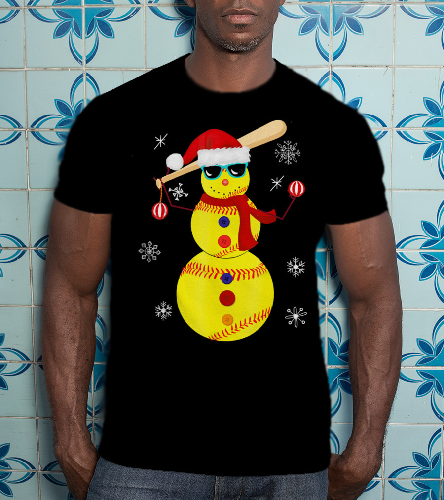 Christmas Softball Snowman With Bat And Santa Hat T-Shirt