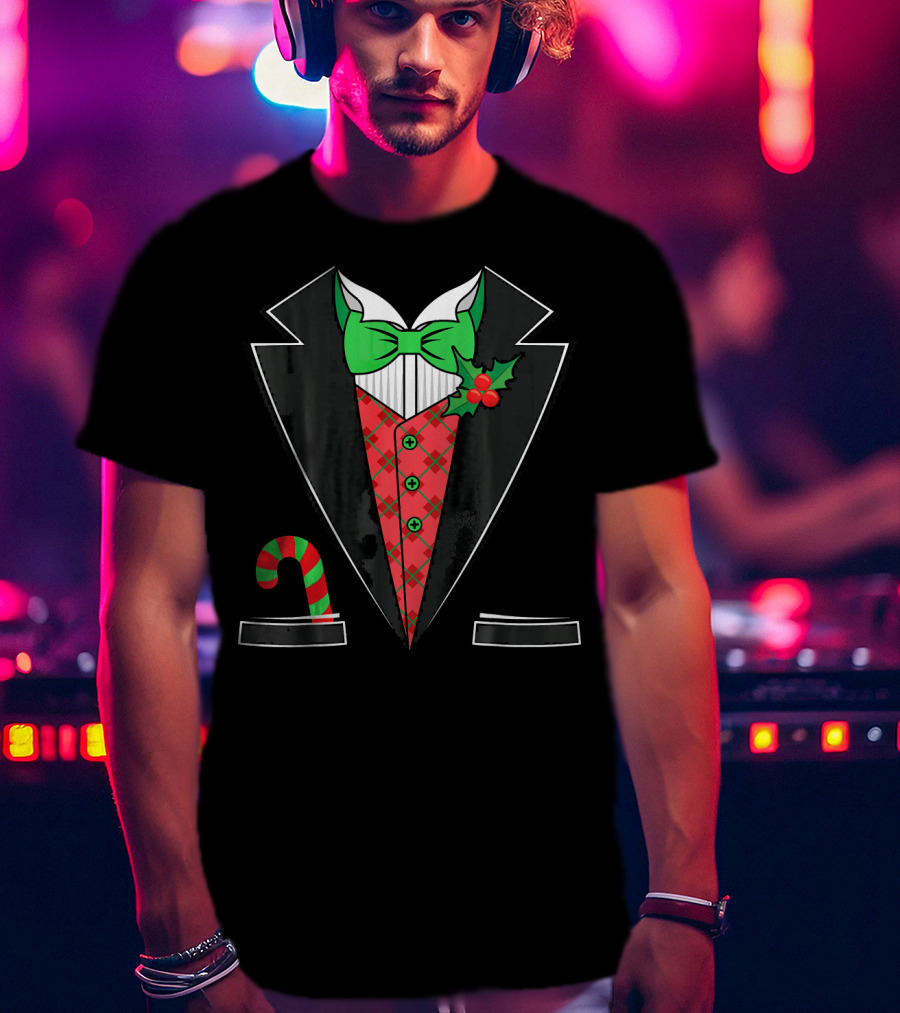 Christmas Tuxedo With Candy Cane Pattern And Festive Bow Tie T-Shirt