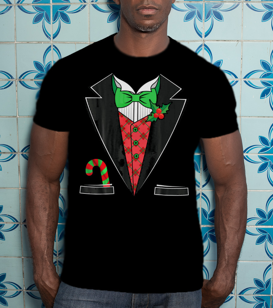 Christmas Tuxedo With Candy Cane Pattern And Festive Bow Tie T-Shirt