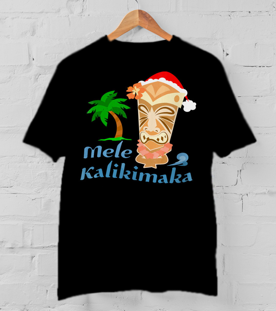 Mele Kalikimaka Hawaiian Christmas Tiki With Palm Tree And Santa Hat T-Shirt