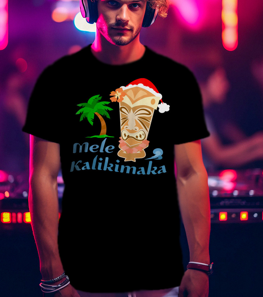 Mele Kalikimaka Hawaiian Christmas Tiki With Palm Tree And Santa Hat T-Shirt