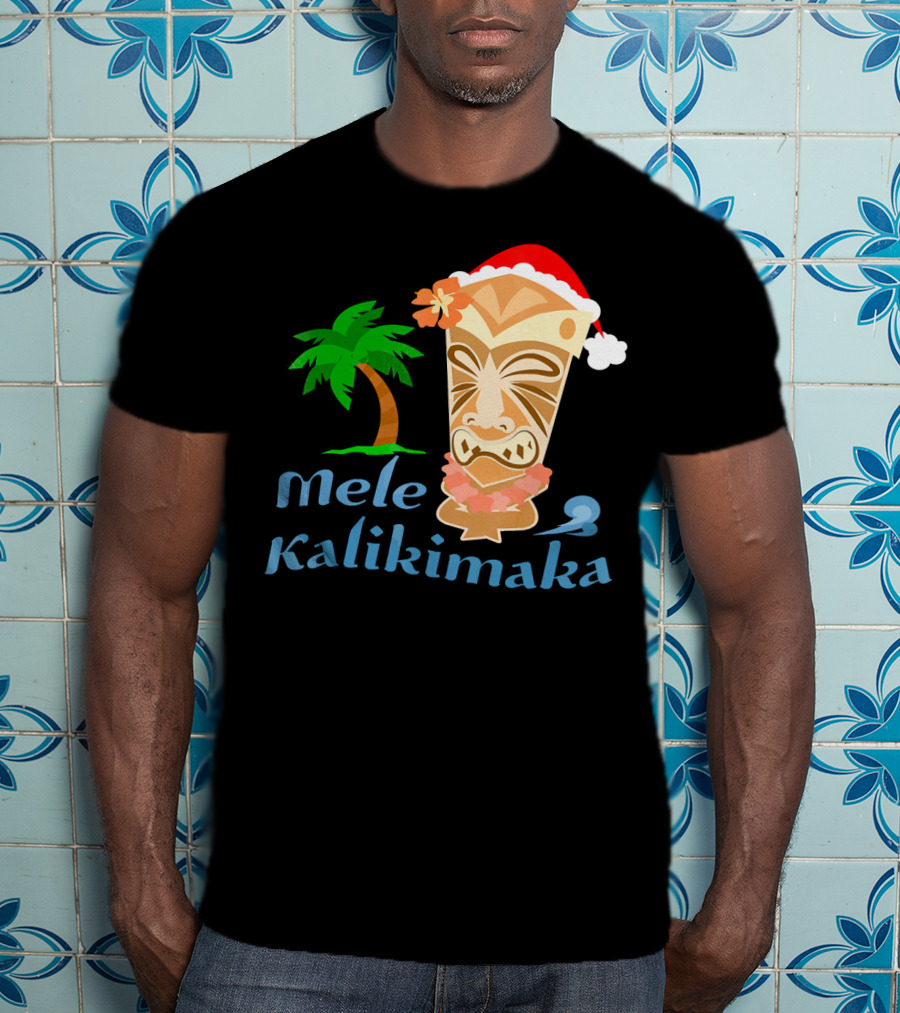 Mele Kalikimaka Hawaiian Christmas Tiki With Palm Tree And Santa Hat T-Shirt