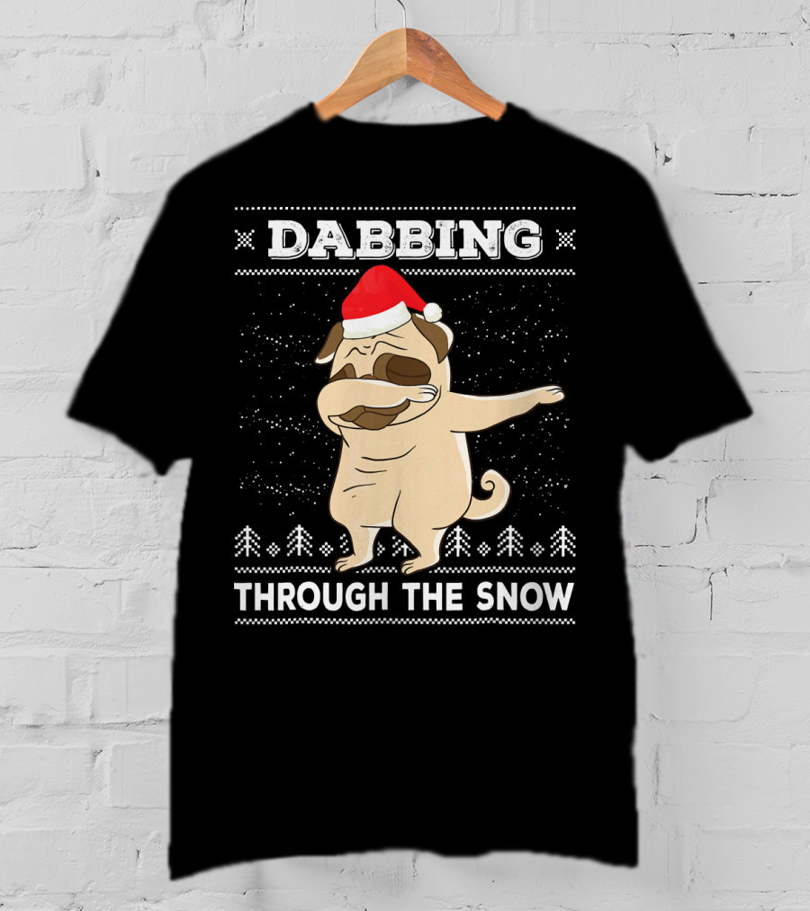 Dabbing Pug Through The Snow Santa Hat T-Shirt