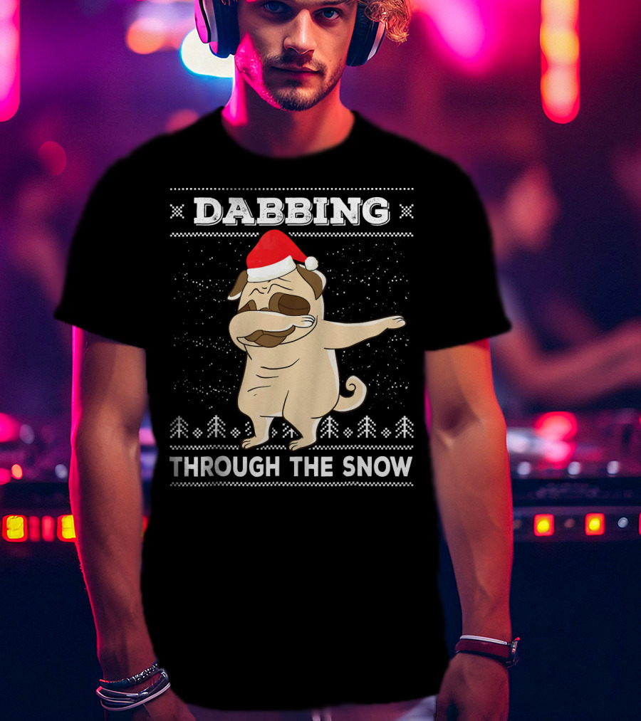 Dabbing Pug Through The Snow Santa Hat T-Shirt