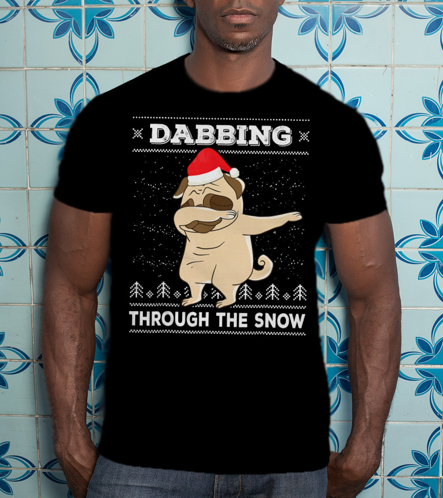 Dabbing Pug Through The Snow Santa Hat T-Shirt