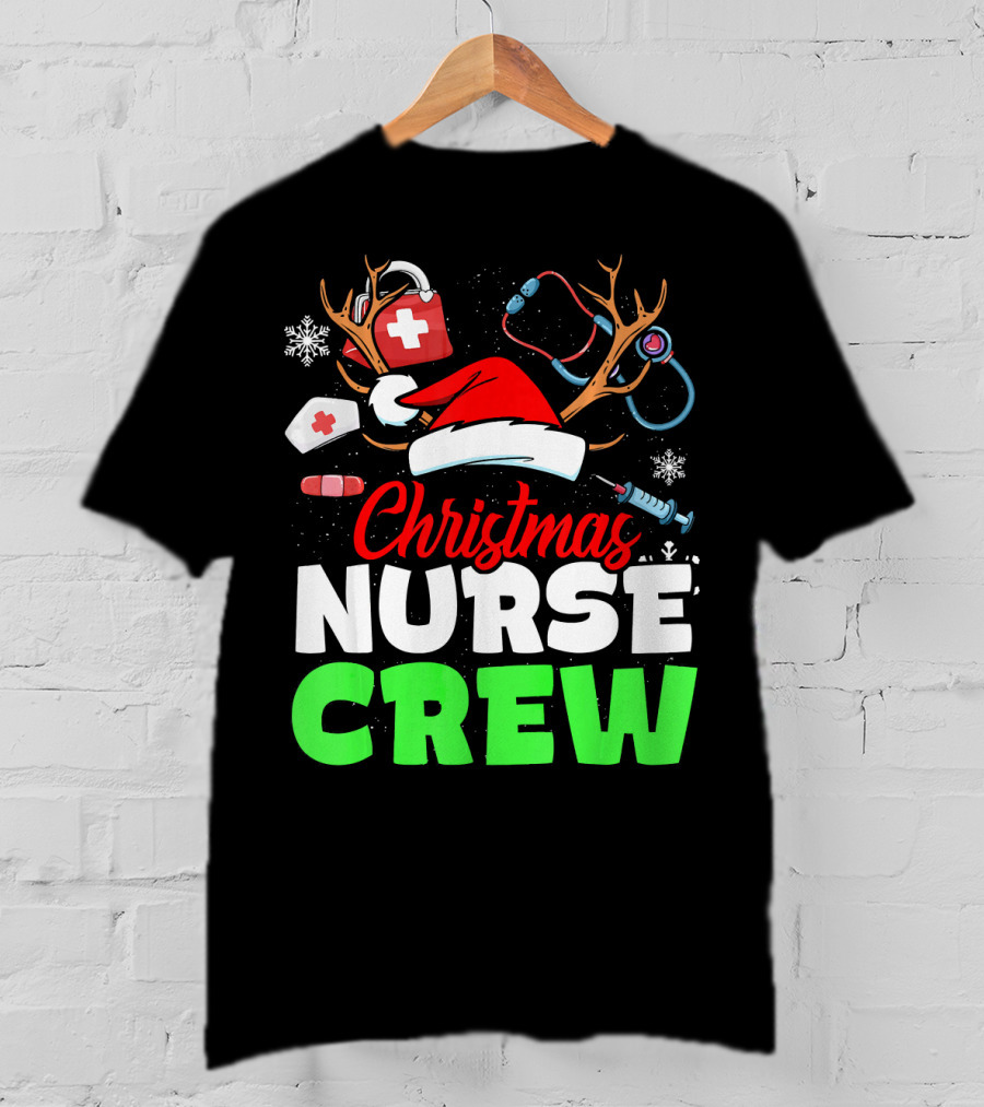 Christmas Nurse Crew Reindeer Antlers Stethoscope Santa Hat Snowflakes T-Shirt