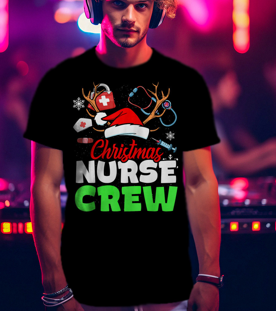 Christmas Nurse Crew Reindeer Antlers Stethoscope Santa Hat Snowflakes T-Shirt