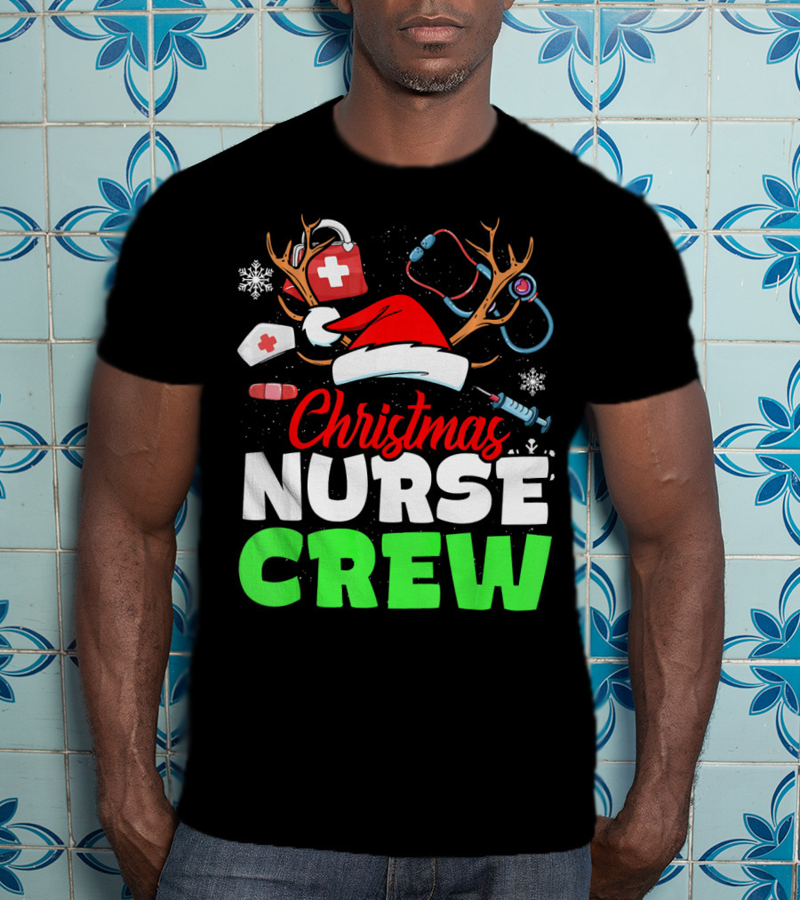 Christmas Nurse Crew Reindeer Antlers Stethoscope Santa Hat Snowflakes T-Shirt