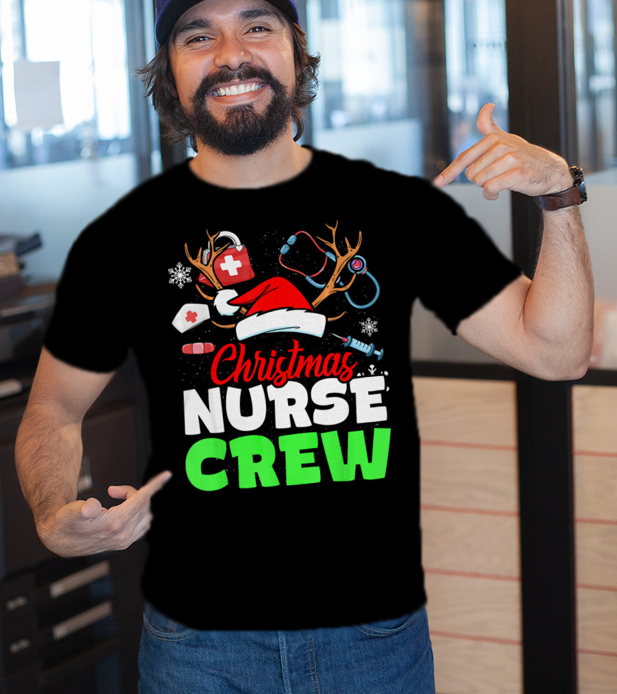 Christmas Nurse Crew Reindeer Antlers Stethoscope Santa Hat Snowflakes T-Shirt