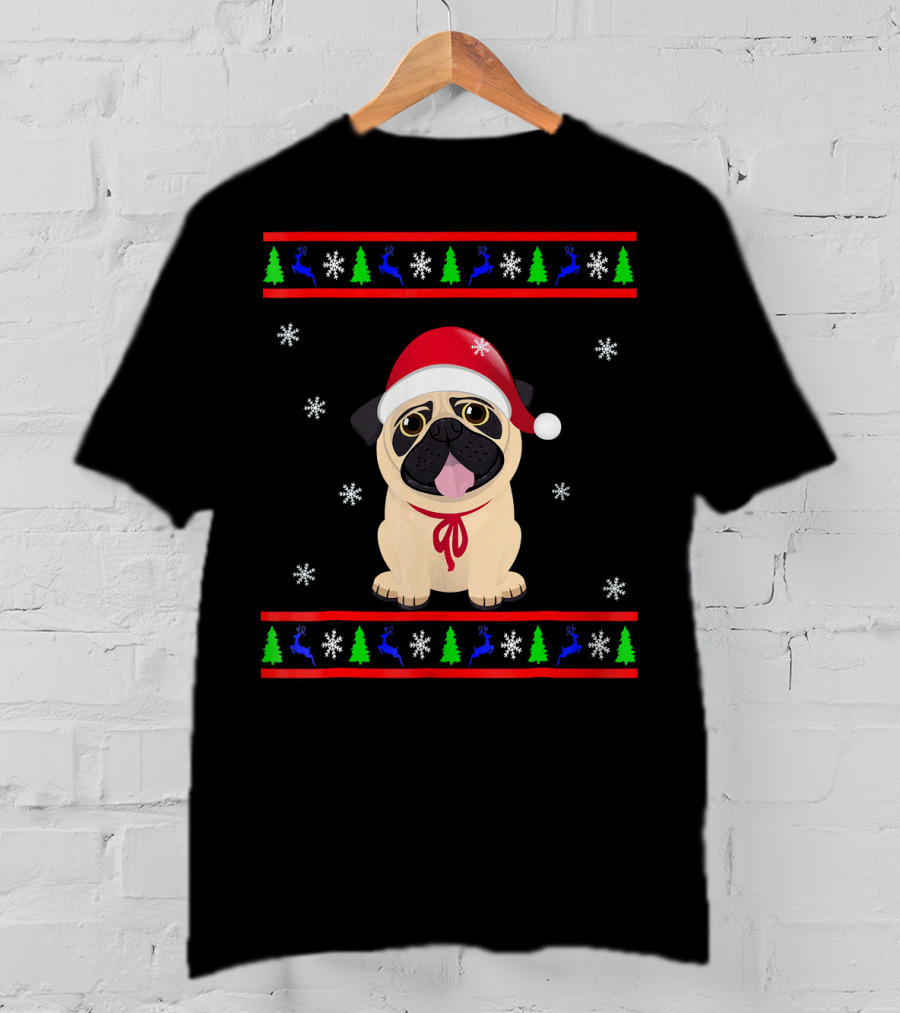 Christmas Santa Hat Pug Snowflakes Trees Reindeer T-Shirt