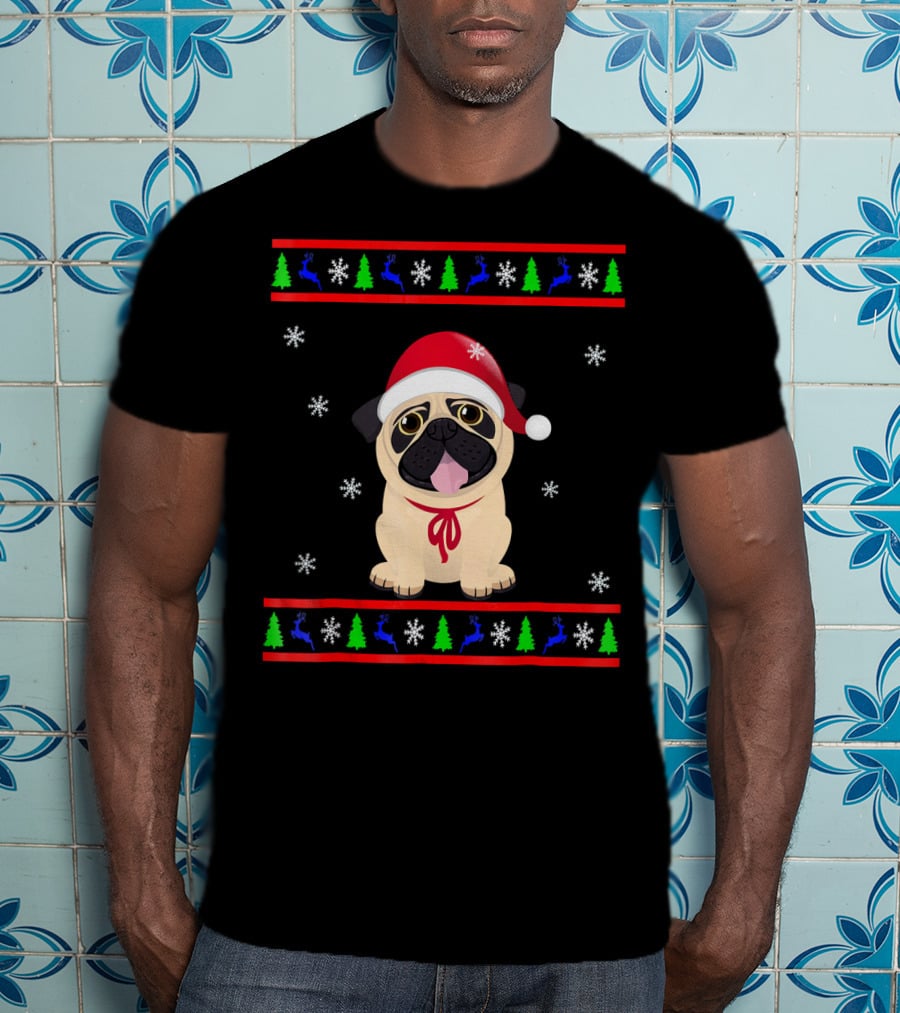 Christmas Santa Hat Pug Snowflakes Trees Reindeer T-Shirt