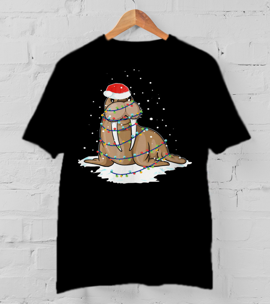 Walrus Wrapped In Christmas Lights With Santa Hat On Snow T-Shirt