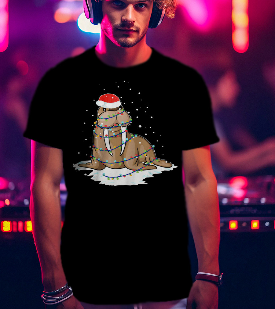 Walrus Wrapped In Christmas Lights With Santa Hat On Snow T-Shirt
