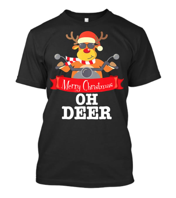 Merry Christmas Oh Deer Reindeer Motorcycle Santa Hat T-Shirt