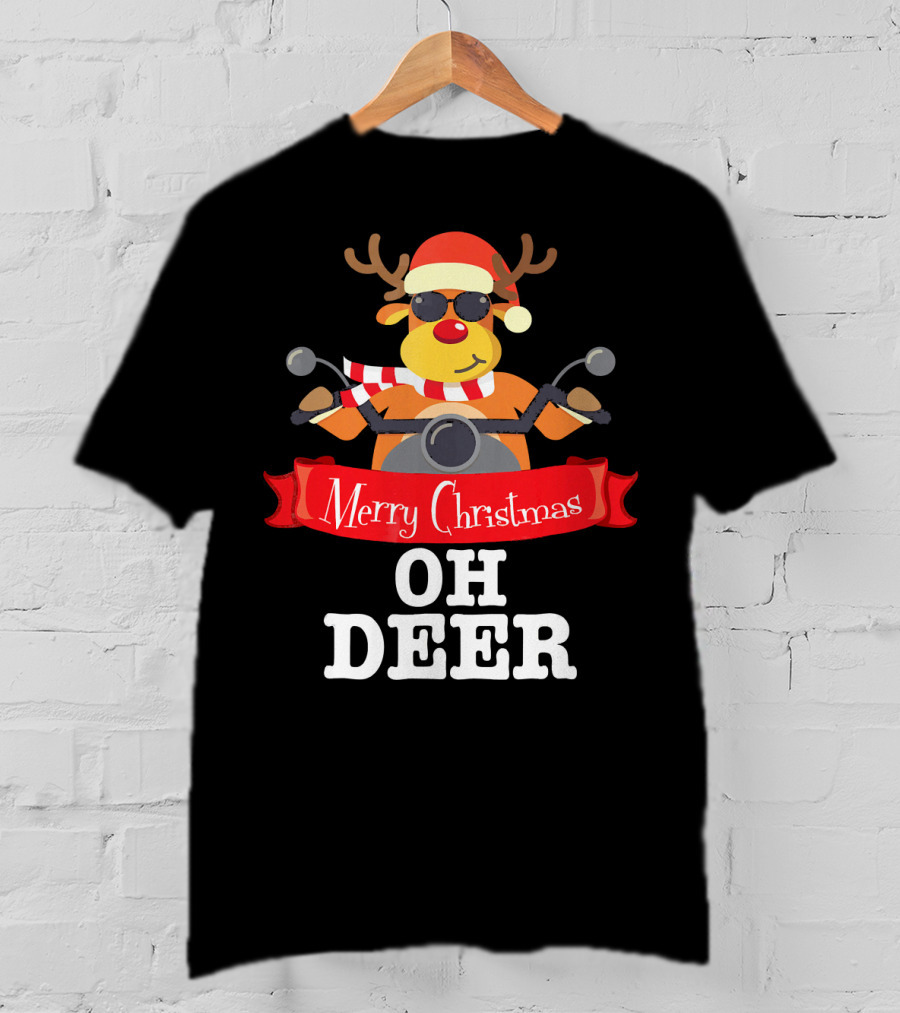Merry Christmas Oh Deer Reindeer Motorcycle Santa Hat T-Shirt