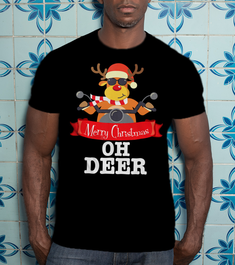 Merry Christmas Oh Deer Reindeer Motorcycle Santa Hat T-Shirt