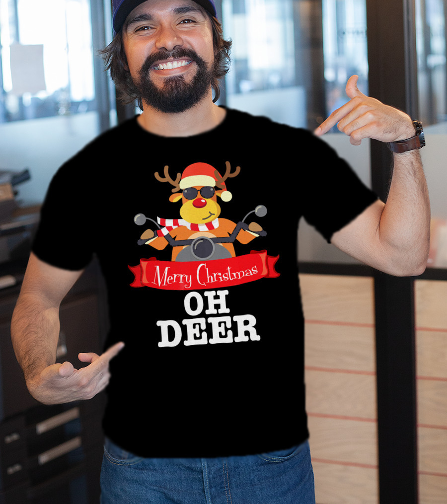 Merry Christmas Oh Deer Reindeer Motorcycle Santa Hat T-Shirt