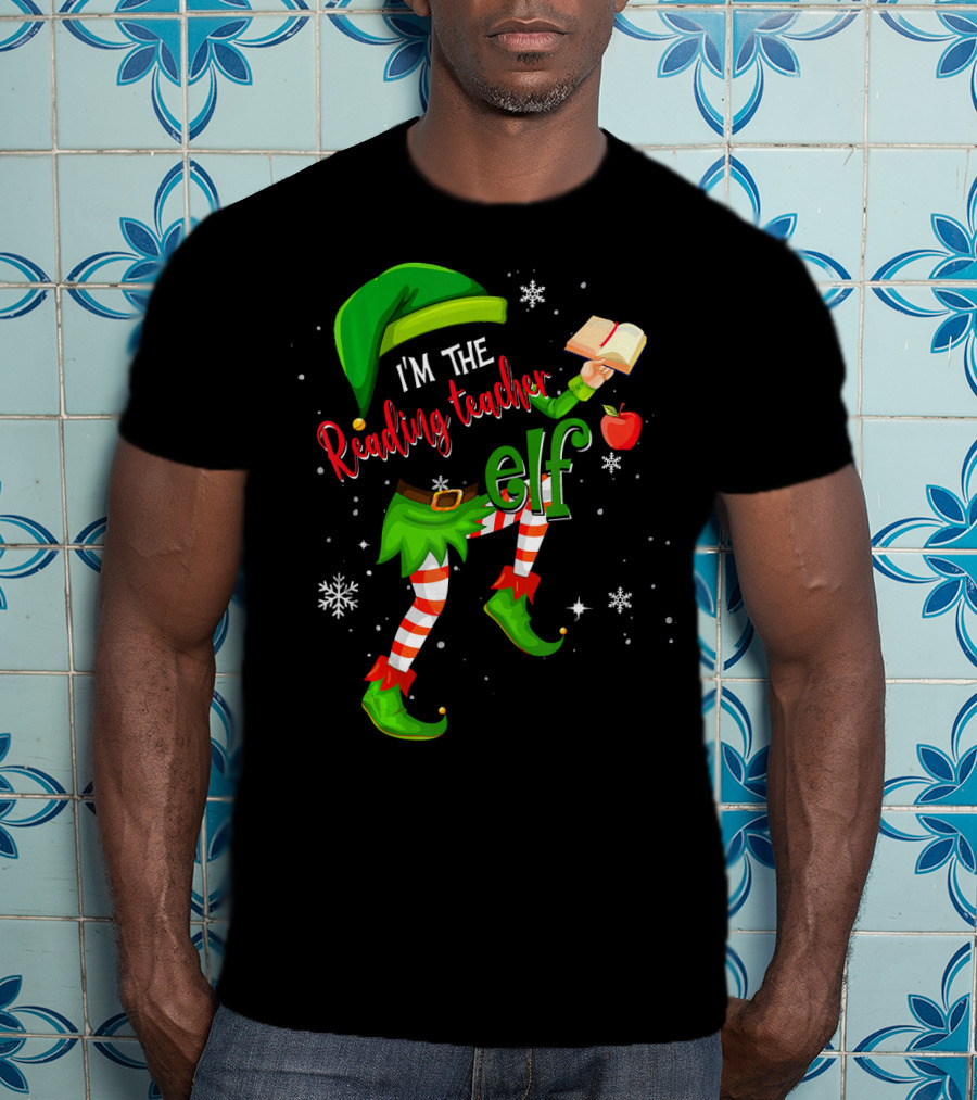 I'm The Reading Teacher Elf Holding Book Apple Wearing Elf Outfit Snowflakes T-Shirt