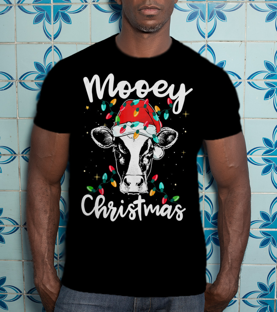 Mooey Christmas Cow With Santa Hat And Christmas Lights T-Shirt