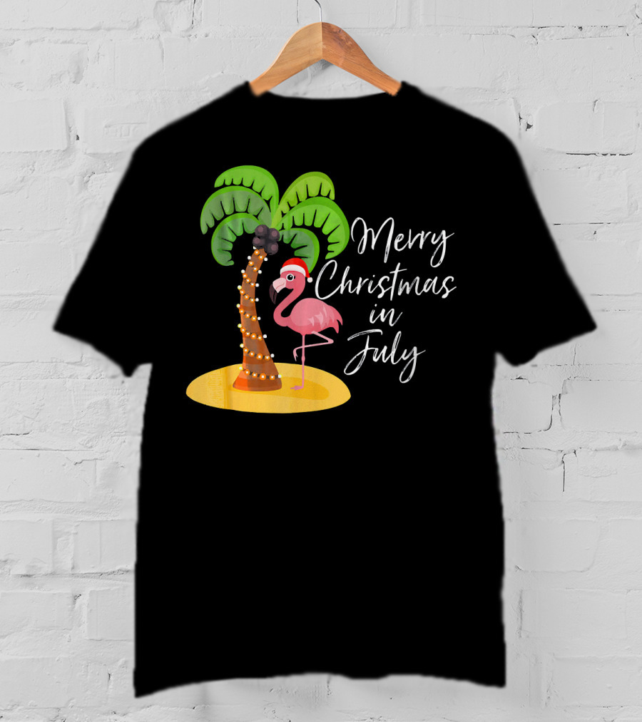 Merry Christmas In July Flamingo And Palm Tree T-Shirt