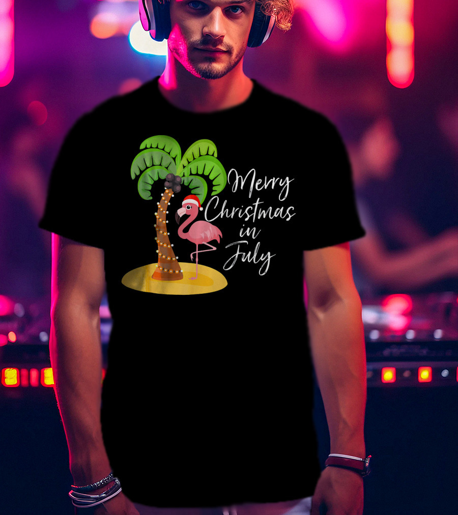 Merry Christmas In July Flamingo And Palm Tree T-Shirt
