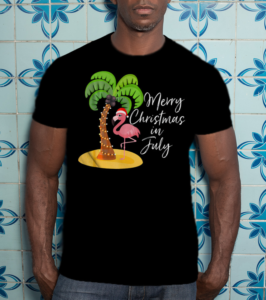 Merry Christmas In July Flamingo And Palm Tree T-Shirt