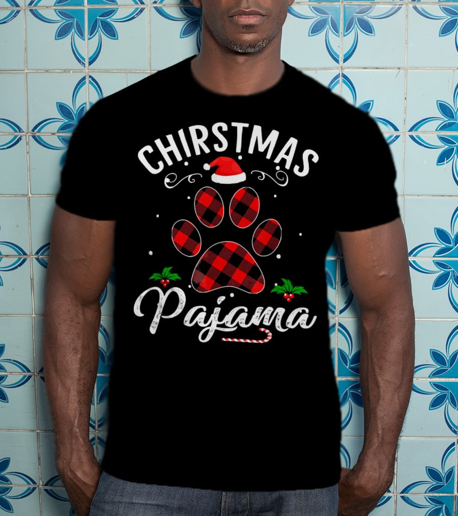 Buffalo Plaid Christmas Pajama Paw Holiday Hat T-Shirt