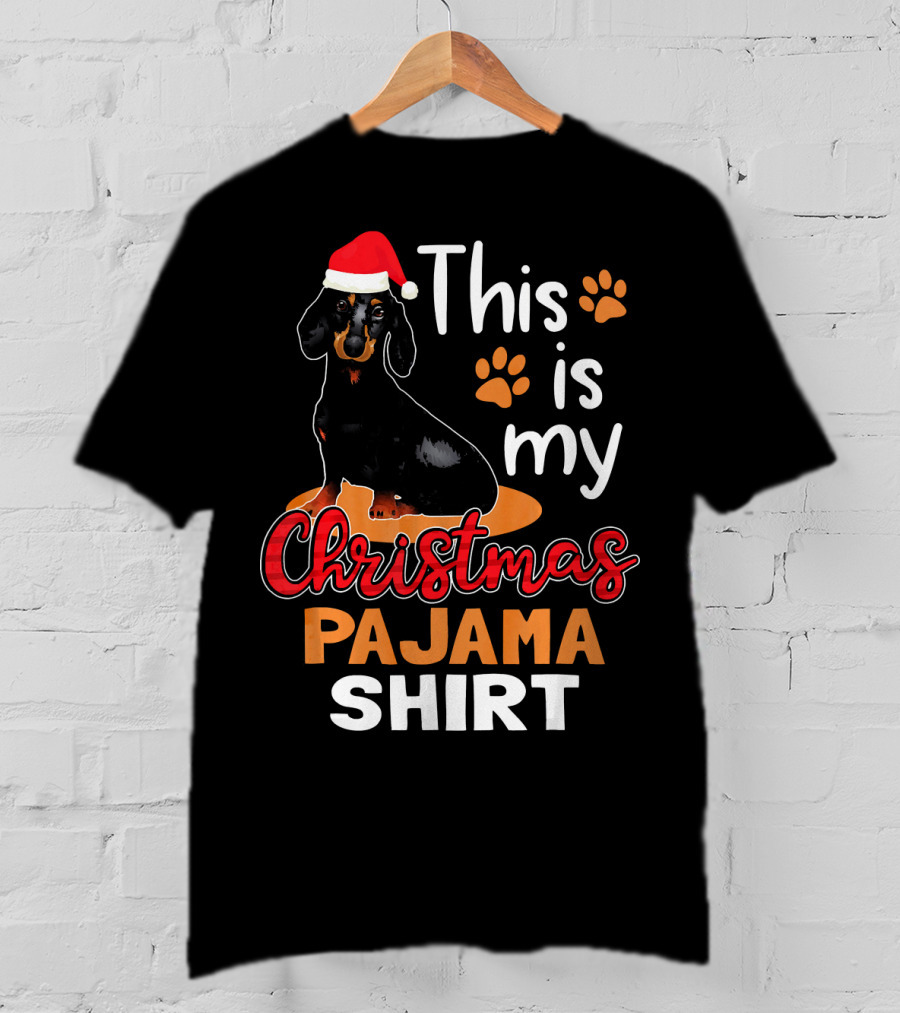 This Is My Christmas Pajama Shirt Dachshund Santa Hat Paw Prints T-Shirt