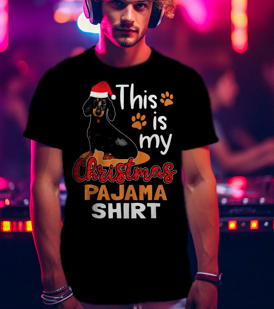This Is My Christmas Pajama Shirt Dachshund Santa Hat Paw Prints T-Shirt