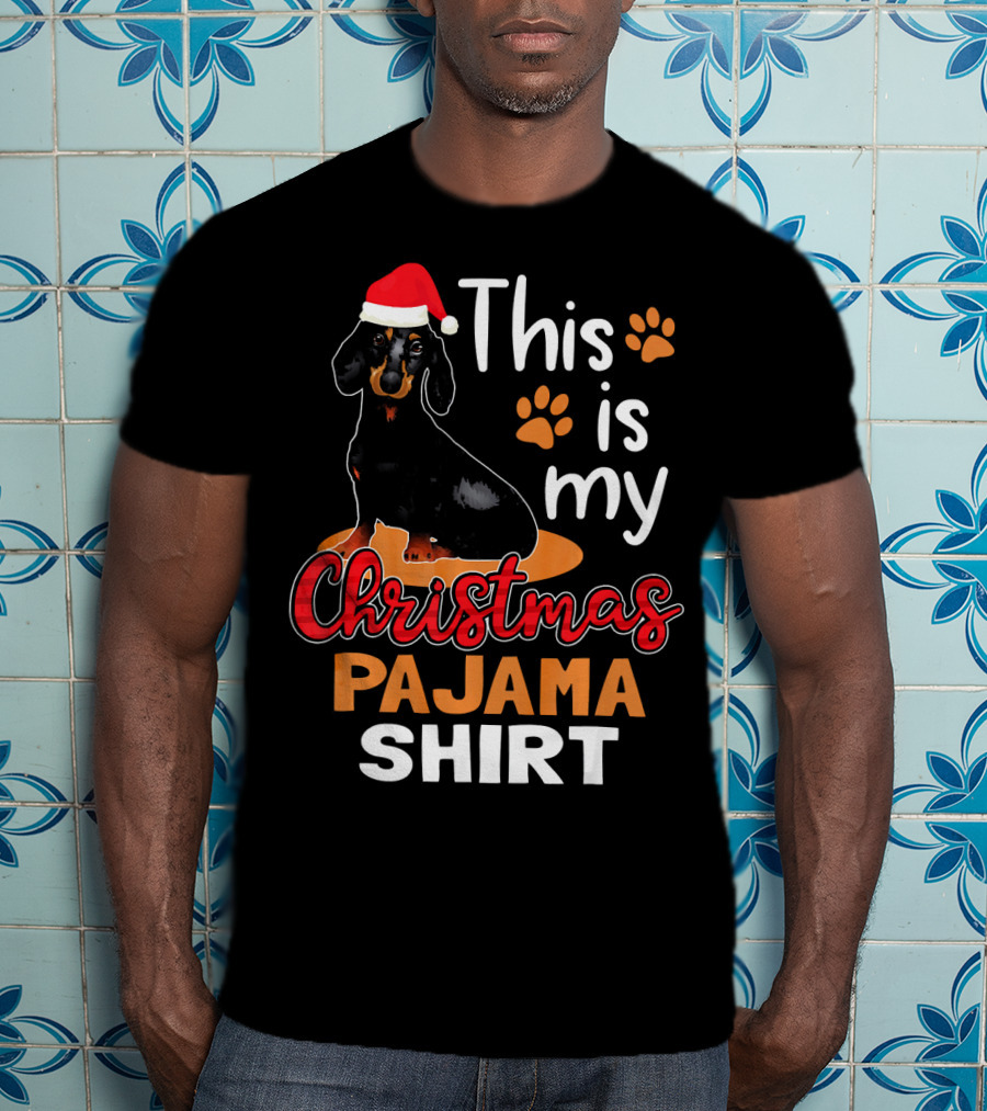 This Is My Christmas Pajama Shirt Dachshund Santa Hat Paw Prints T-Shirt