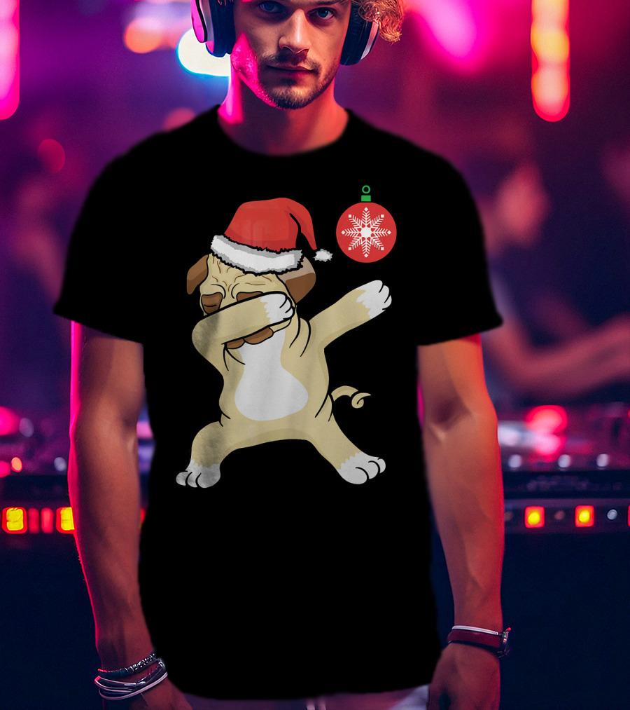 Christmas Pug Dabbing With Santa Hat And Red T-Shirt