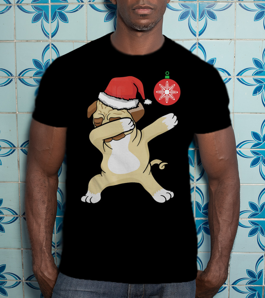 Christmas Pug Dabbing With Santa Hat And Red T-Shirt