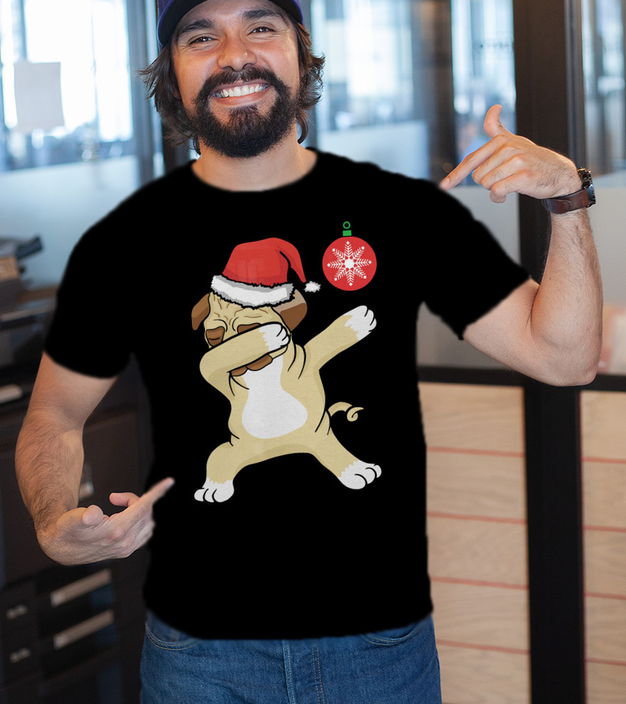 Christmas Pug Dabbing With Santa Hat And Red T-Shirt