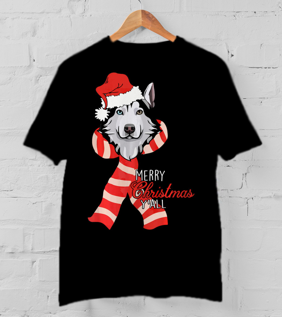 Merry Christmas Y'all Husky Dog In Santa Hat And Scarf T-Shirt