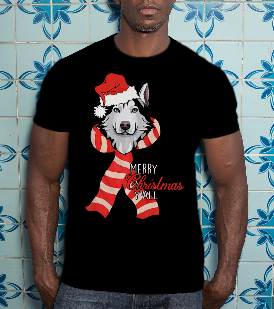 Merry Christmas Y'all Husky Dog In Santa Hat And Scarf T-Shirt