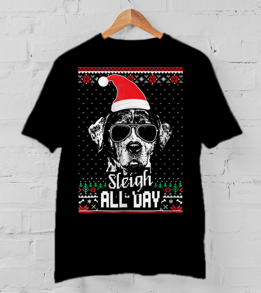 Sleigh All Day Funny Catahoula Cur Christmas Dog With Santa Hat And Sunglasses T-Shirt
