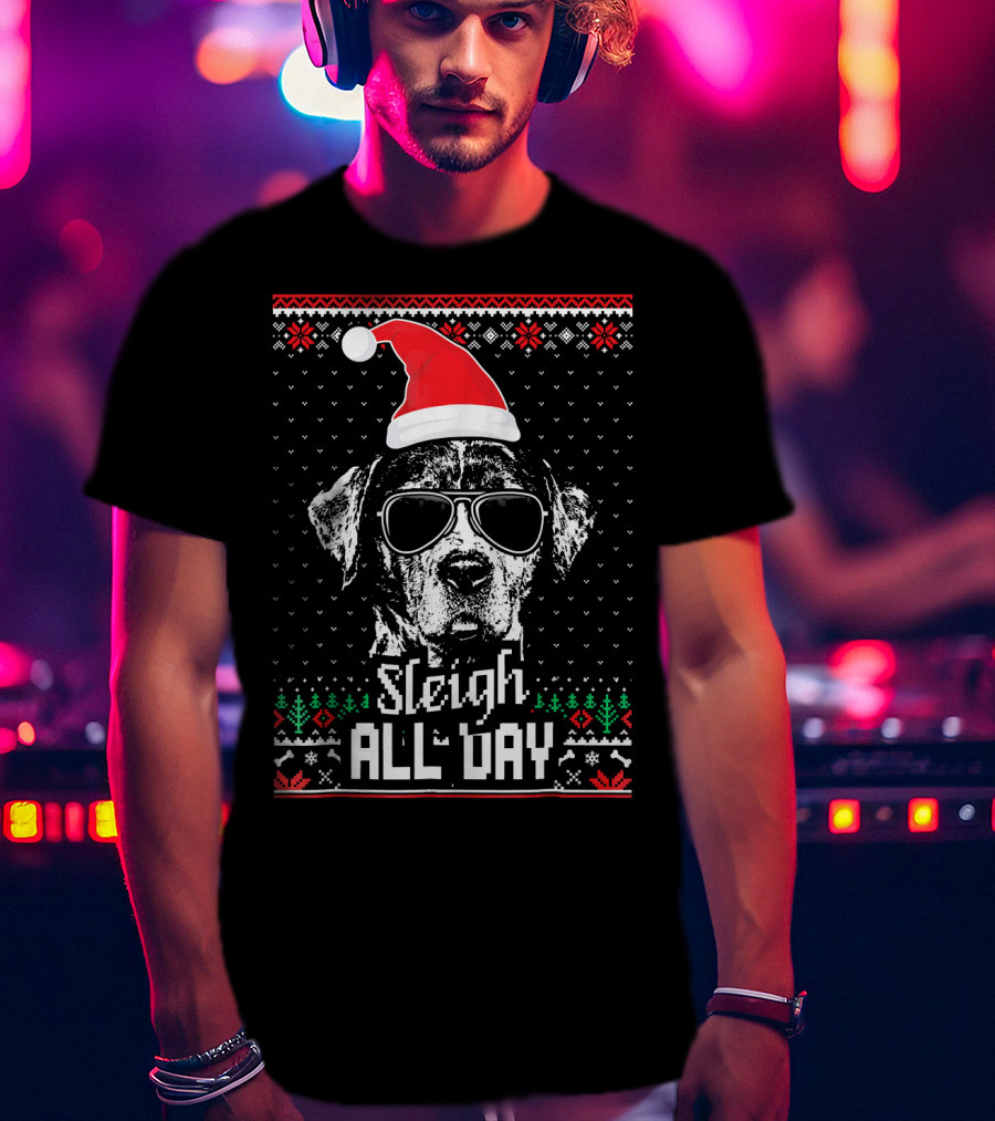 Sleigh All Day Funny Catahoula Cur Christmas Dog With Santa Hat And Sunglasses T-Shirt