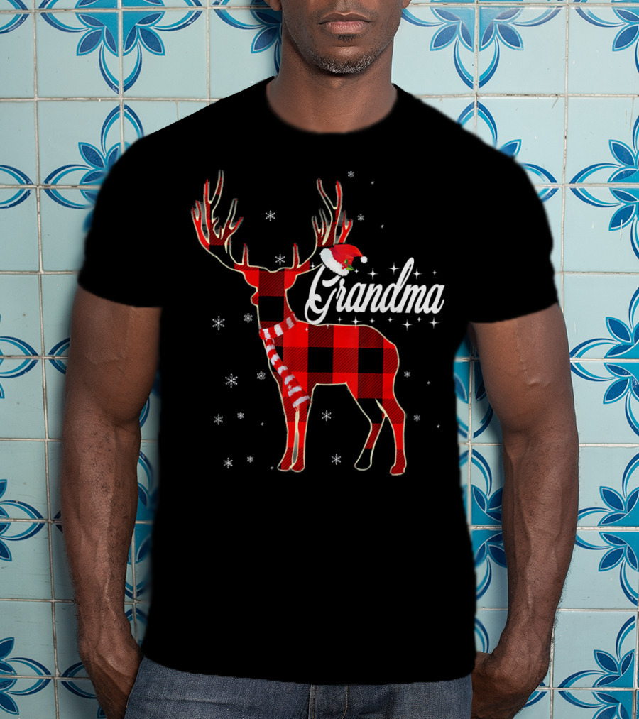Grandma Reindeer Plaid With Santa Hat And Snowflakes T-Shirt