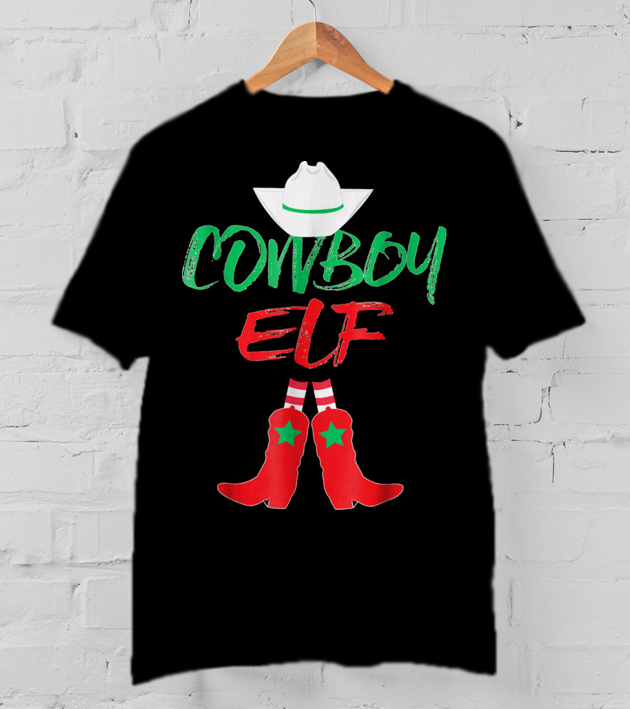 Cowboy Elf Christmas Hat Boots Men's Funny Holiday T-Shirt